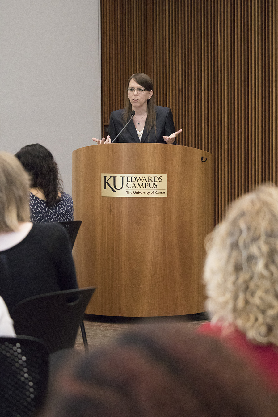 Una Nowling, a KU alumna and transgender woman who works as an engineering consultant for Black & Veatch, speaks to KUEC faculty and staff about the transgender experience in the workplace.