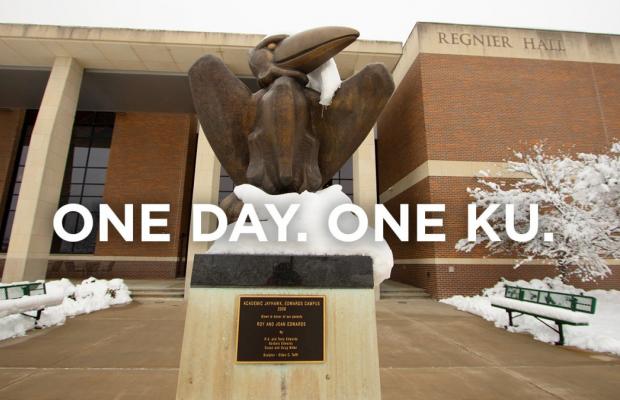 Bronze Jayhawk Statue with One Day. One KU. text