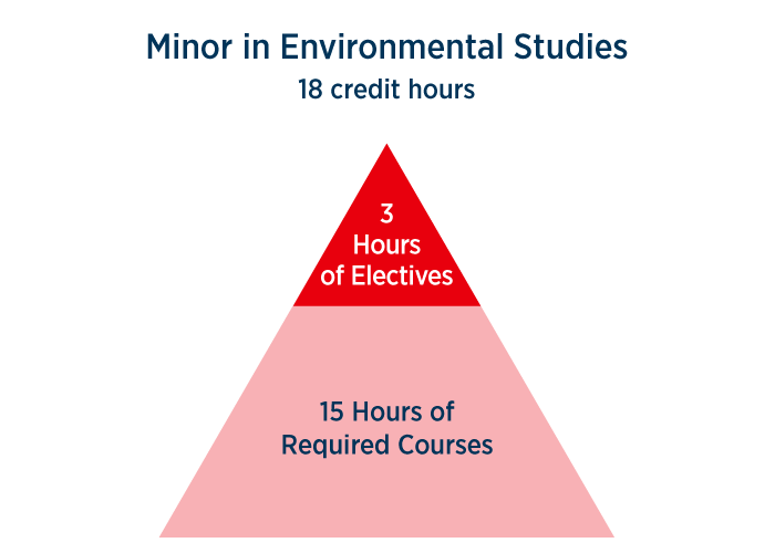 Minor in Environmental Studies hour breakdown 18 credit hours - 3 hours of electives, 15 hours of required courses