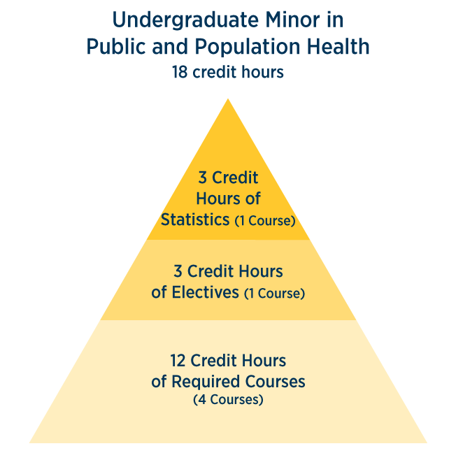 undergraduate minor in public and population health course breakdown 18 hours - 3 credit hours of statistics (1 course), 3 credit hours of electives (1 course), 12 credit hours of required courses (4 courses)