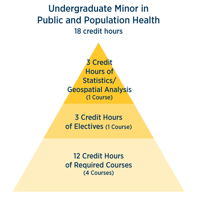 undergraduate minor in public and population health course breakdown 18 hours - 3 credit hours of statistics/geospatial analysis (1 course), 3 credit hours of electives (1 course), 12 credit hours of required courses (4 courses)