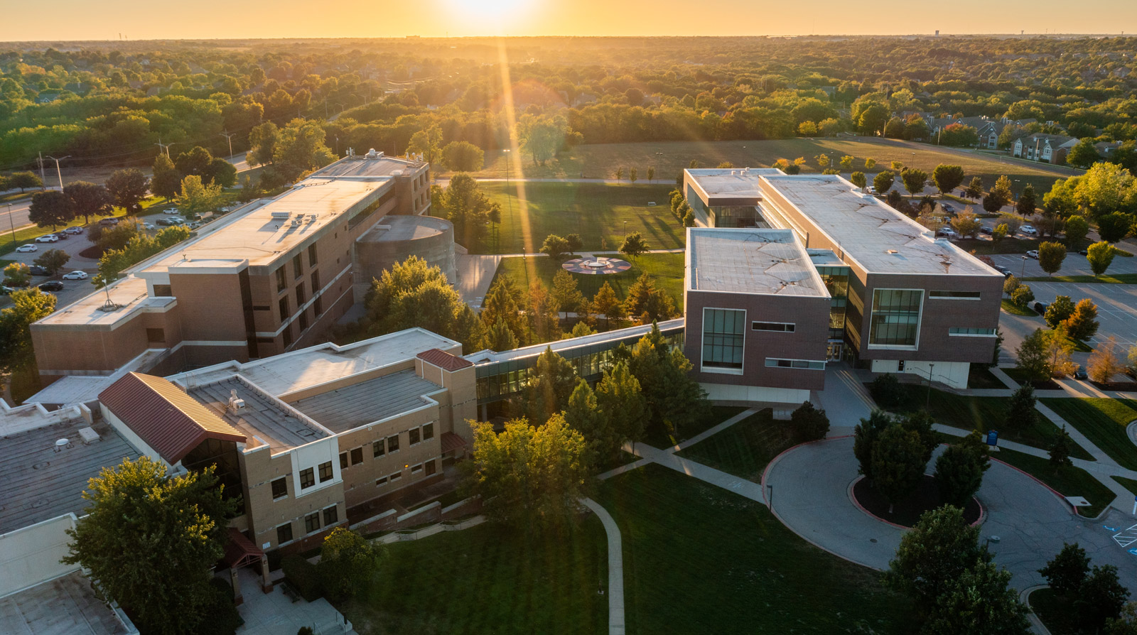 aerial view of KU Edwards Campus at sunset 