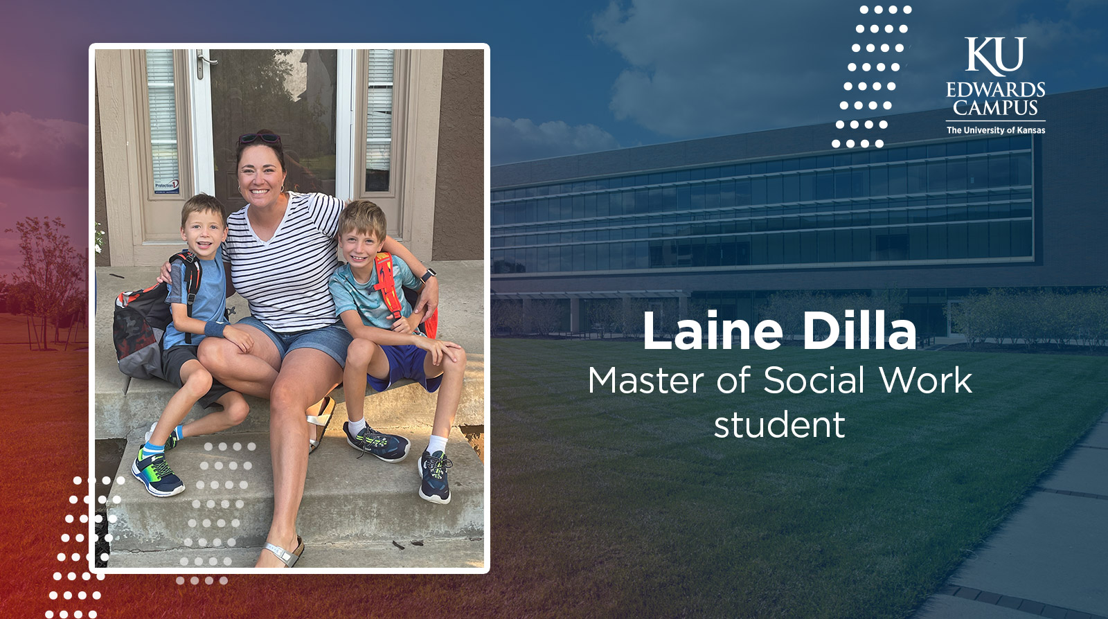 A photo of Laine Dilla with children with the text Laine Dilla, Master of Social Work student