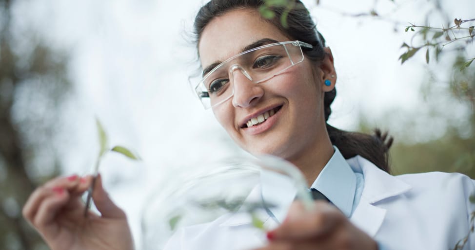 Woman inspecting plant