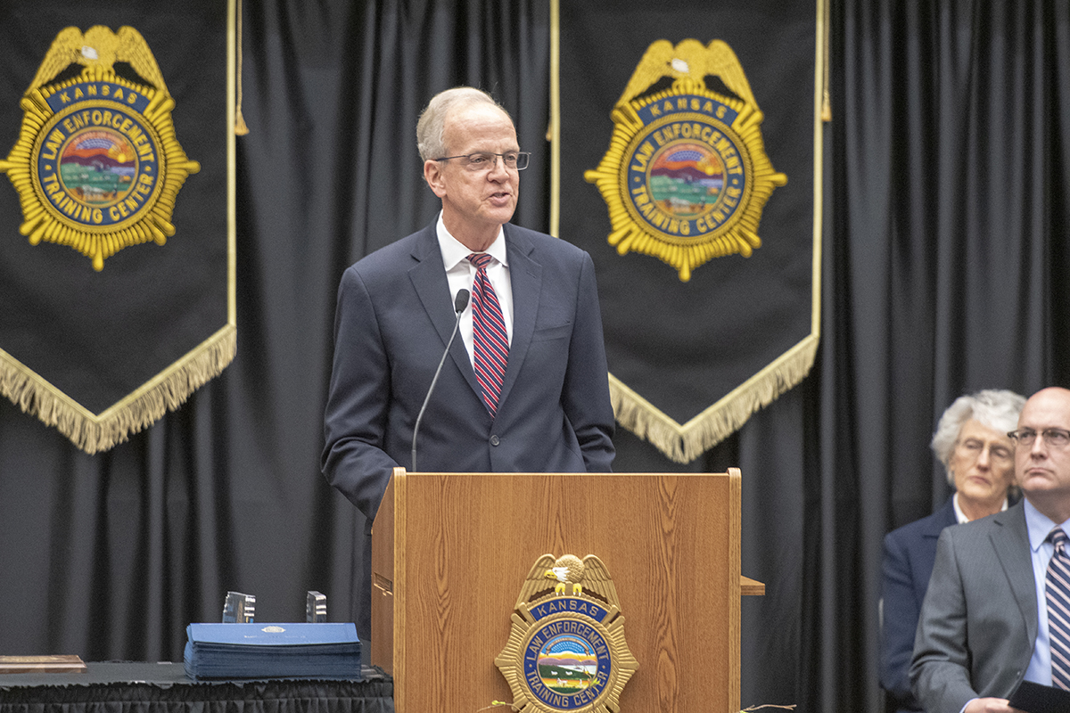 Senator Jerry Moran delivers the commencement address during the 255th basic training class graduation on May 10 at the Kansas Law Enforcement Training Center.