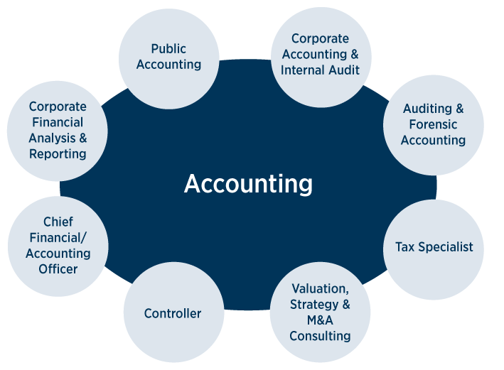 Accounting careers; public accounting, corporate financial analysis and reporting, chief financial/accounting officer, controller, valuation, strategy and M and A consulting, tax specialist, auditing and forensic accounting, corporate accounting and internal audit