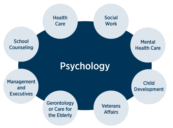 Potential careers with a psychology degree - Health Care, Social Work, Mental Health Care, Child Development, Veterans Affairs, Gerontology or Care for the Elderly, Management and Executives, School Counseling