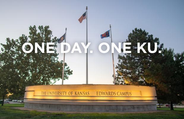 One Day. One KU. text over picture of fountain