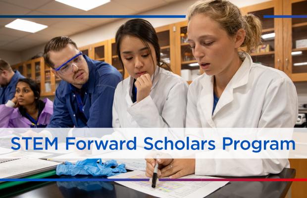 Students in lab coats with the text over image STEM Forward Scholars Program