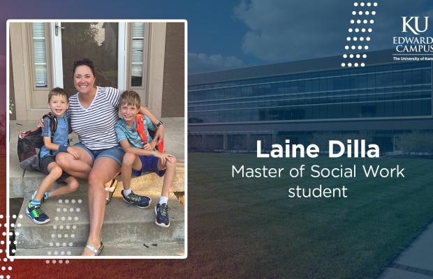A photo of Laine Dilla with children with the text Laine Dilla, Master of Social Work student