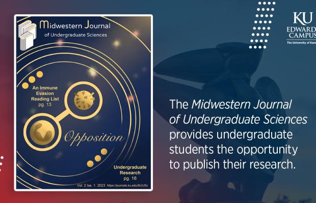 Midwestern Journal Magazine on a blue colored background with text The Midwestern Journal of Undergraduate Sciences provides undergraduate students the opportunity to publish their research.