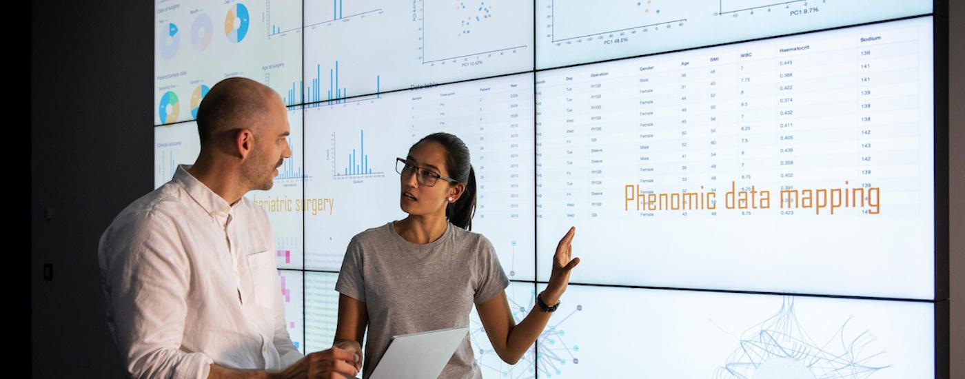 Woman showing data mapping and analytics presentation